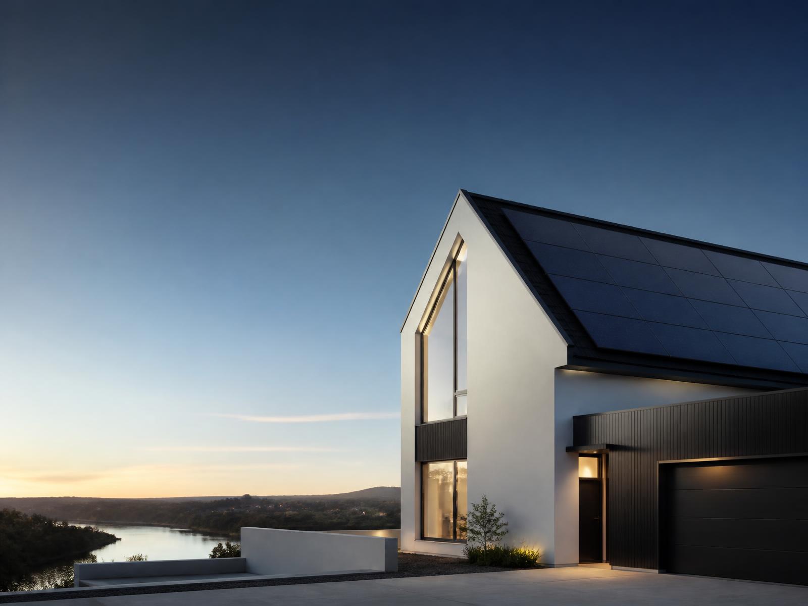 Modern home with rooftop solar panels at dusk